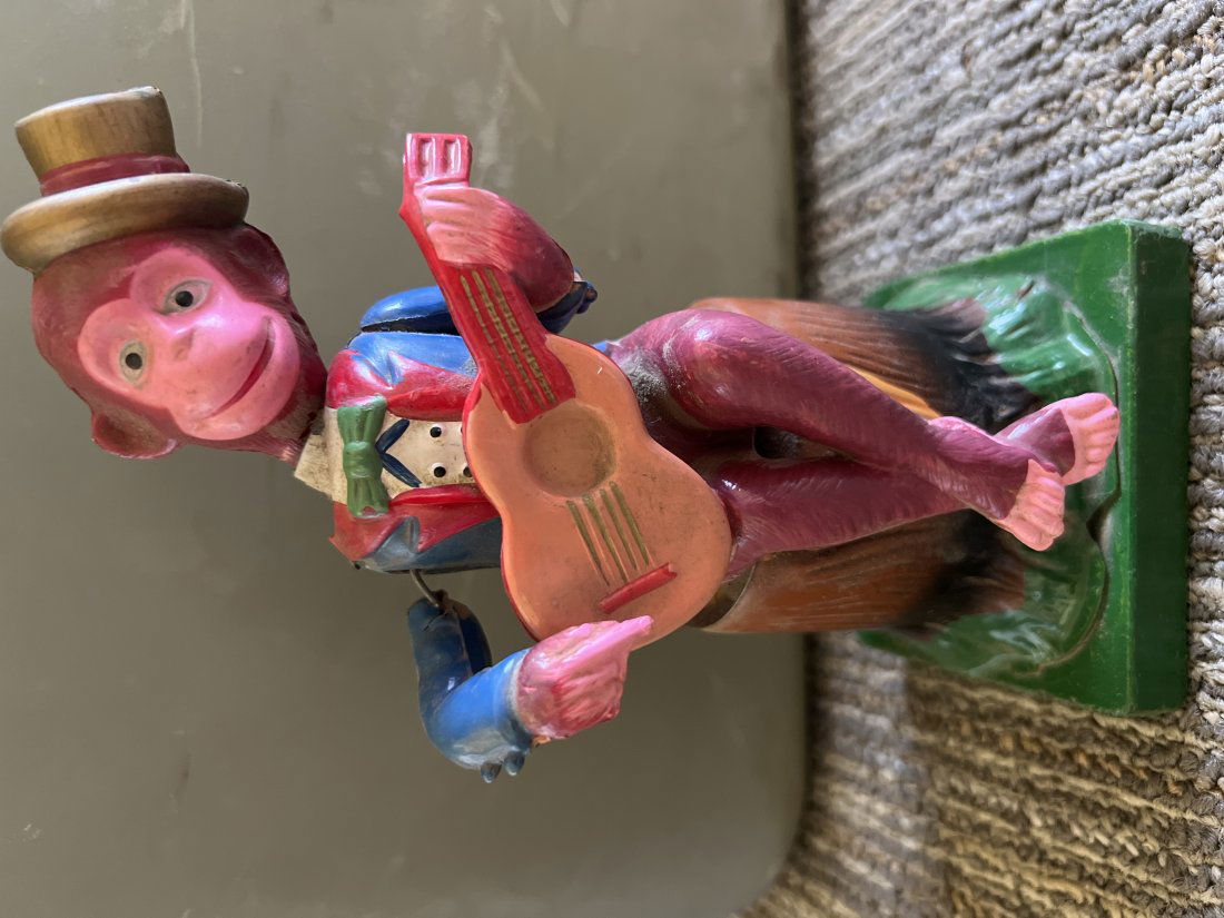 Celluloid and Tin Painted Monkey Musician Toy (1 of 5)