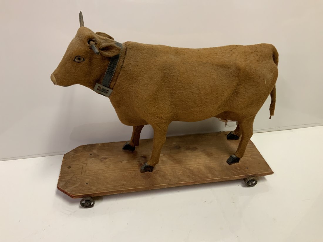 Antique felt and paper mache pull toy brown bull (1 of 6)