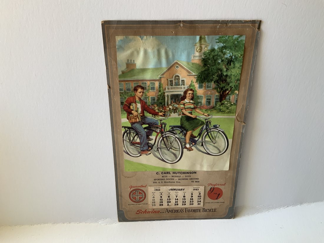 Original 1953 Schwinn bicycles advertising calendar: Measures 15inches by 9.5 inches. Calendar complete. Has hits and wear at edges. Great graphics and hard to find. Please examine photos carefully in order to determine the condition of the item. Photos