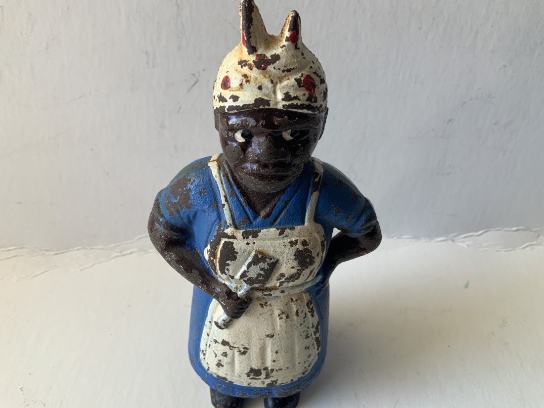 Antique Jemima cast iron bank toy black Americana: Just under 6 inches tall. Great original patina. Cast iron. Please examine photos carefully in order to determine the condition of the item. Photos are ultimately the best indication of condition.