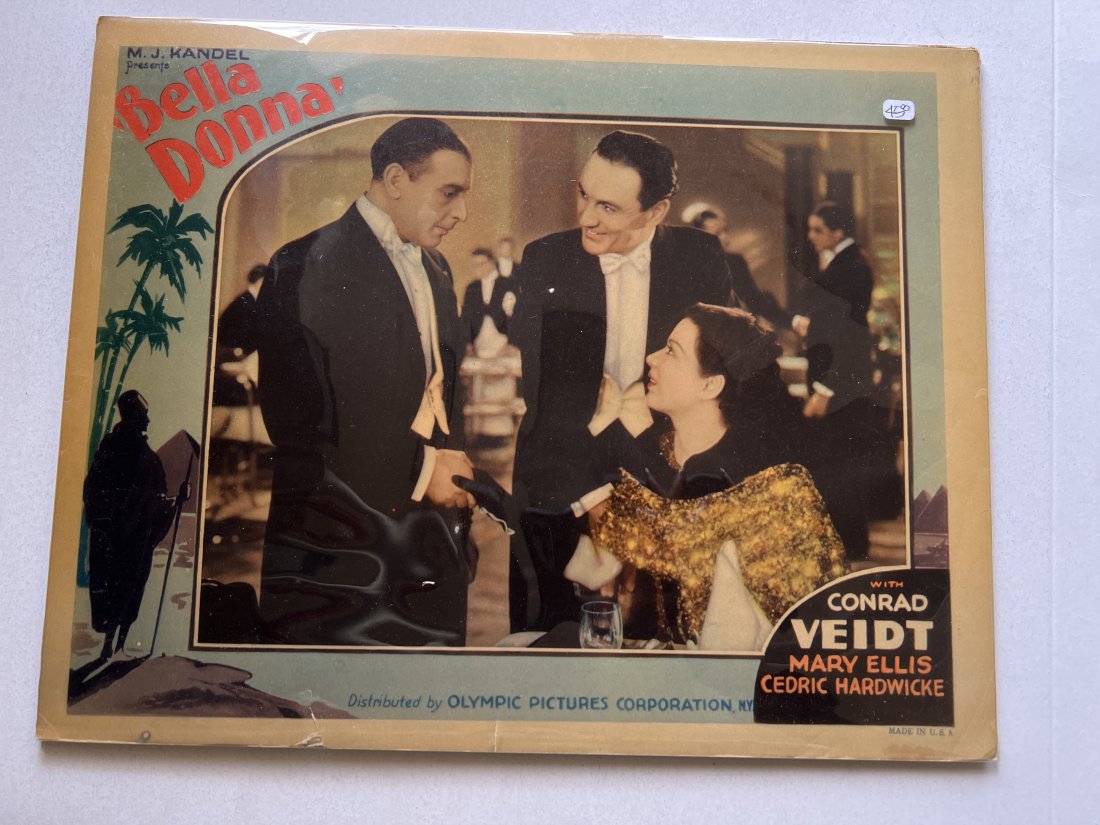 Bella Donna with Conrad Veidt Original Vintage Movie Lobby Card: In good vintage condition. Has some rips at the bottom edge. Minimal wear. Please examine photos carefully in order to determine the condition of the item. Photos are ultimately the best indication of