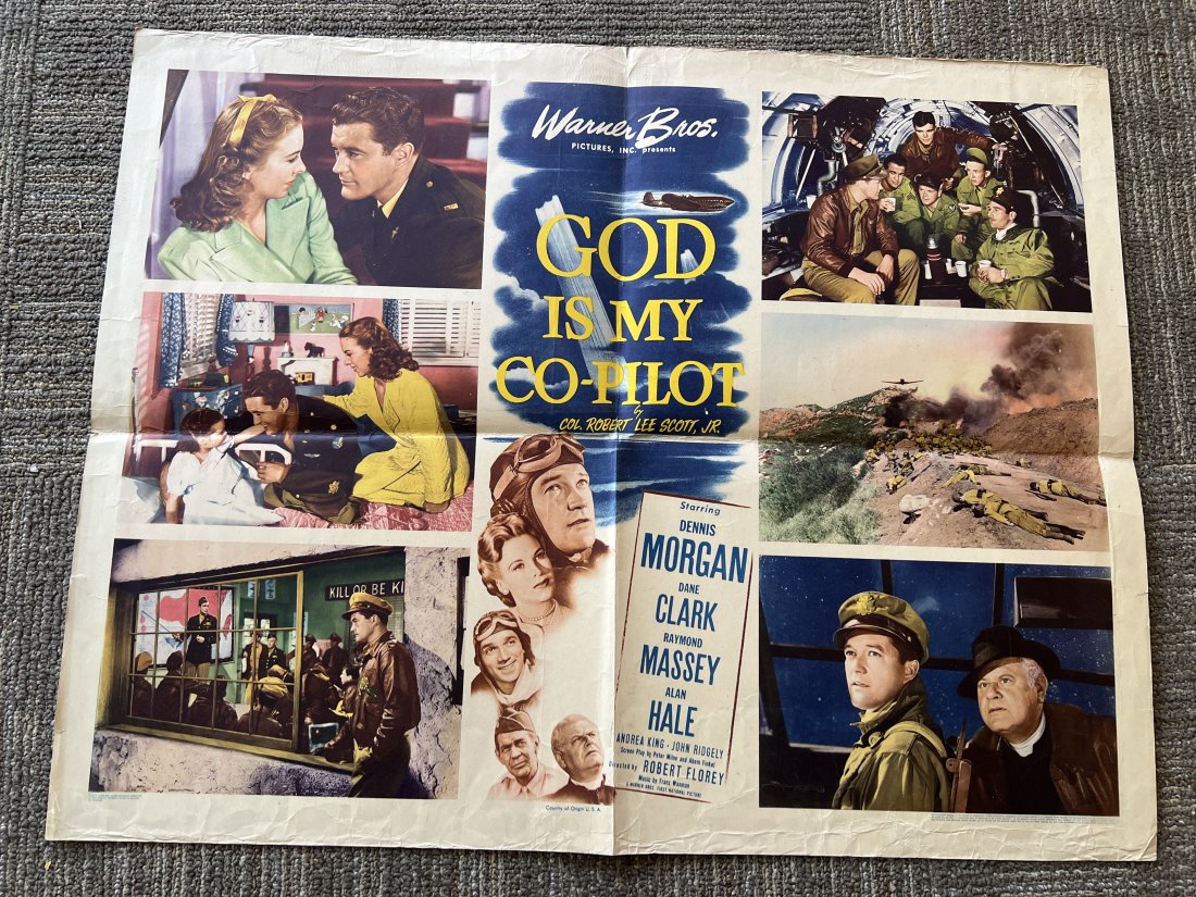 God Is My Co-Pilot by Col Robert Lee Scott Jr 1944 Half Sheet Movie Poster: Starring Dennis Morgan, Dane Clark, Raymond Massey, and Alan Hale. In good vintage condition with minimal wear. Please examine photos carefully in order to determine the condition of the item. Photos