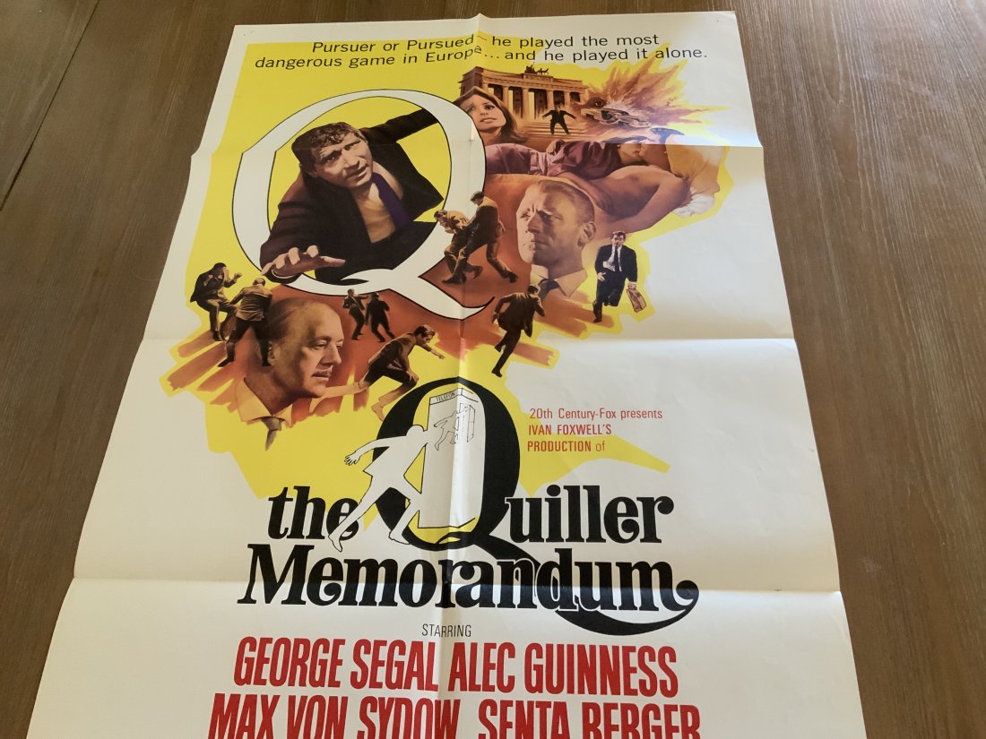 1967 The Quiller Memorandum one sheet movie poster: Starring George Segal Alec Guinness. There may be slight holes/tears at folds due to being folded in storage for several years. Please examine photos carefully in order to determine the condition of t