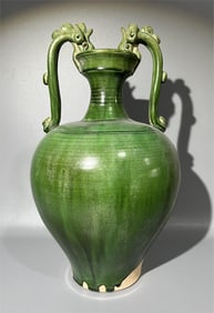 Tang Dynasty Green Glazed Double Dragon Bottle