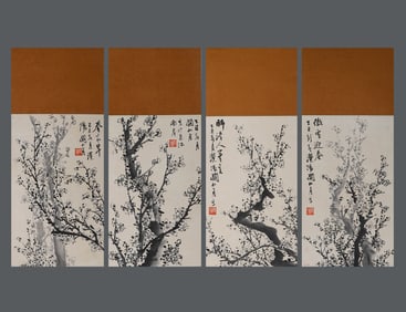 Chinese ink painting, Guan Shanyue, four screens on paper