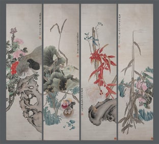 Chinese ink painting, Ren Bonian, four screens of flowers and birds on paper