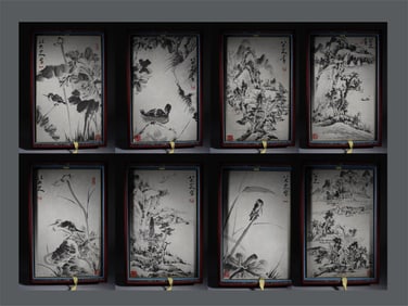Chinese ink painting, Eight Great Mountain People, paper flower and bird painting box