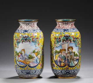 In the Qing Dynasty, a pair of bronze enamel painted character story bottles