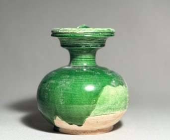 Tang Dynasty Green Glazed Pan Mouth Bottle