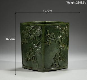 In the Qing Dynasty, Hetian Biyu flower and bird patterned square pen holder