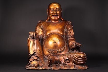 Ming Dynasty Wooden Lacquer Mud Gold Maitreya Buddha Statue
