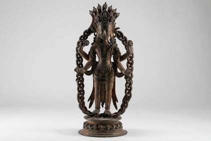 Qing Dynasty bronze tire dragon tree Bodhisattva standing statue