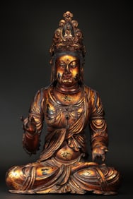 Ming Dynasty wood carving lacquer gold crown Guanyin statue