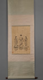 Feng Wei's Three Buddhas and Bodhisattvas Painting on Silk Scroll