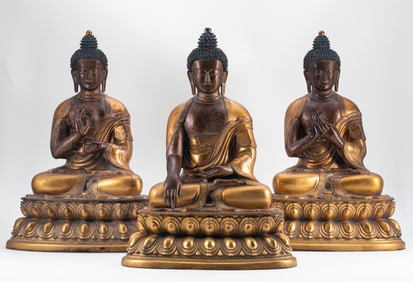 Bronze gilded three tiered Buddha statues from the Qing Dynasty