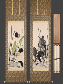 Wu Guanzhong's lotus leaf image on double screen paper vertical axis