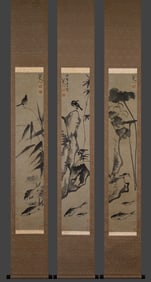 Three vertical scrolls of ancient Chinese Eight Mountains, depicting people, flowers, and birds on
