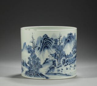 Qing Dynasty, blue and white landscape pattern pen holder