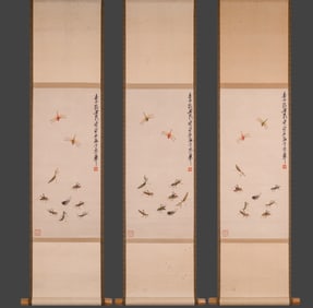 Qi Baishi Insect Fun Picture Three Screen Paper Vertical Axes