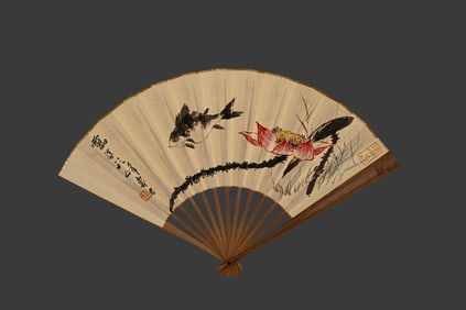 Huang Binhong and Pan Tianshou collaborate on floral blueprint folding fan