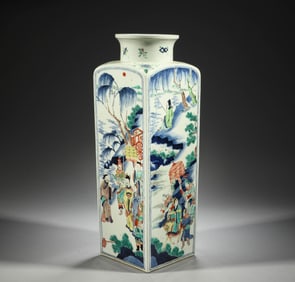 Qing Dynasty, Blue and White Colorful Character Story Square Bottle