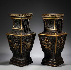 In the Qing Dynasty, a pair of copper gilded dragon patterned square vases