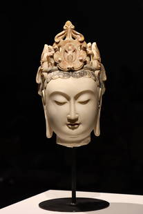 White Marble Buddha Head in Northern Qi Dynasty: H:33cm