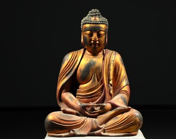 Shakyamuni Buddha Wooden Body Painted Gold Statue