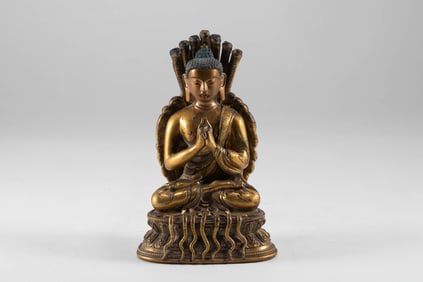 Qing Dynasty Bronze Gilded Golden Dragon Tree Bodhisattva Statue
