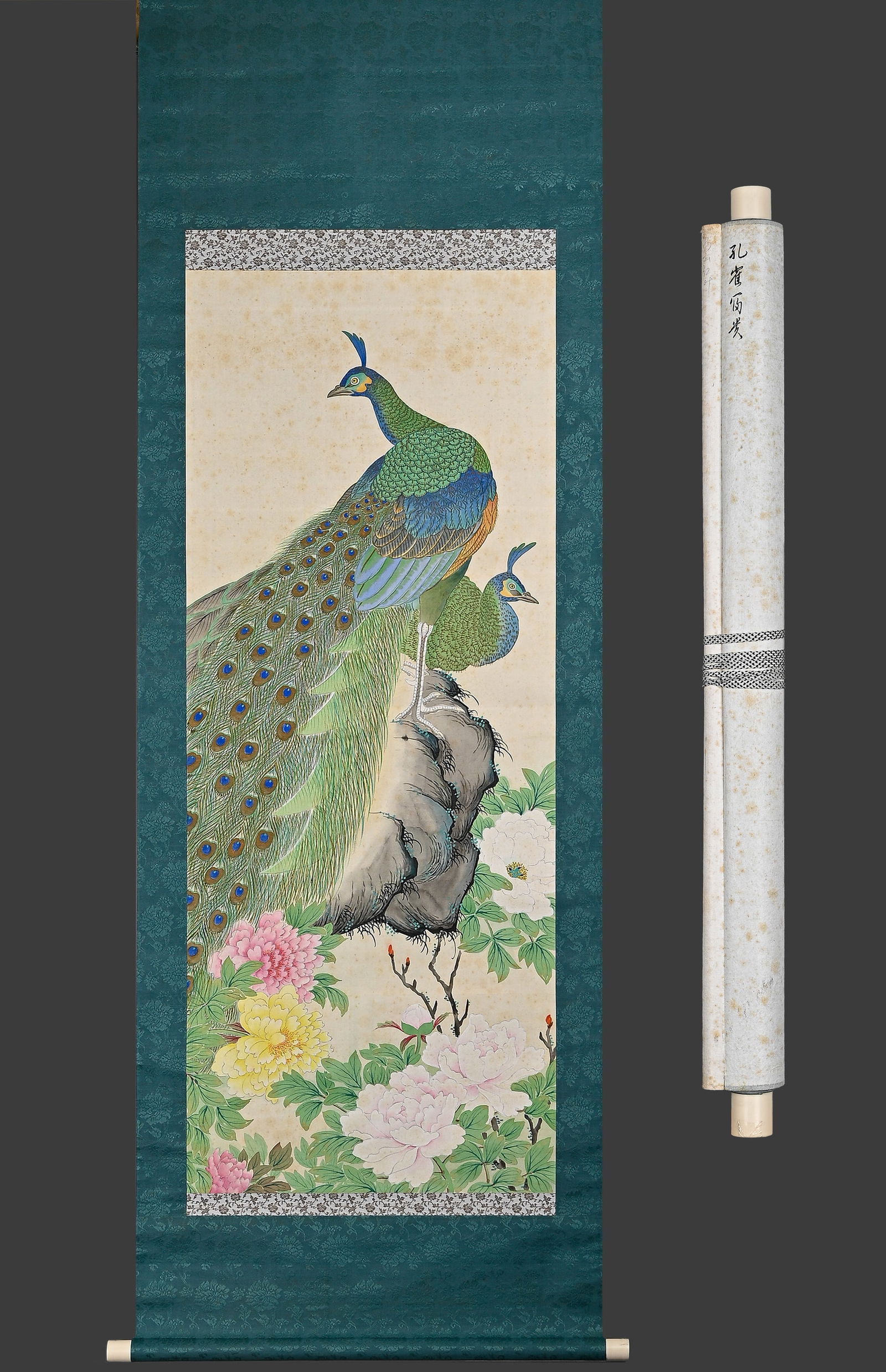 Anonymous peacock painting on silk vertical scroll: H:128cm W:50cm