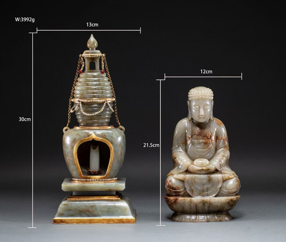 Song Dynasty Jade Buddha and Jade Pagoda: H:30cm H:21.5cm