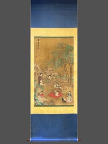 Zhou Wenju's character story picture on silk vertical axis