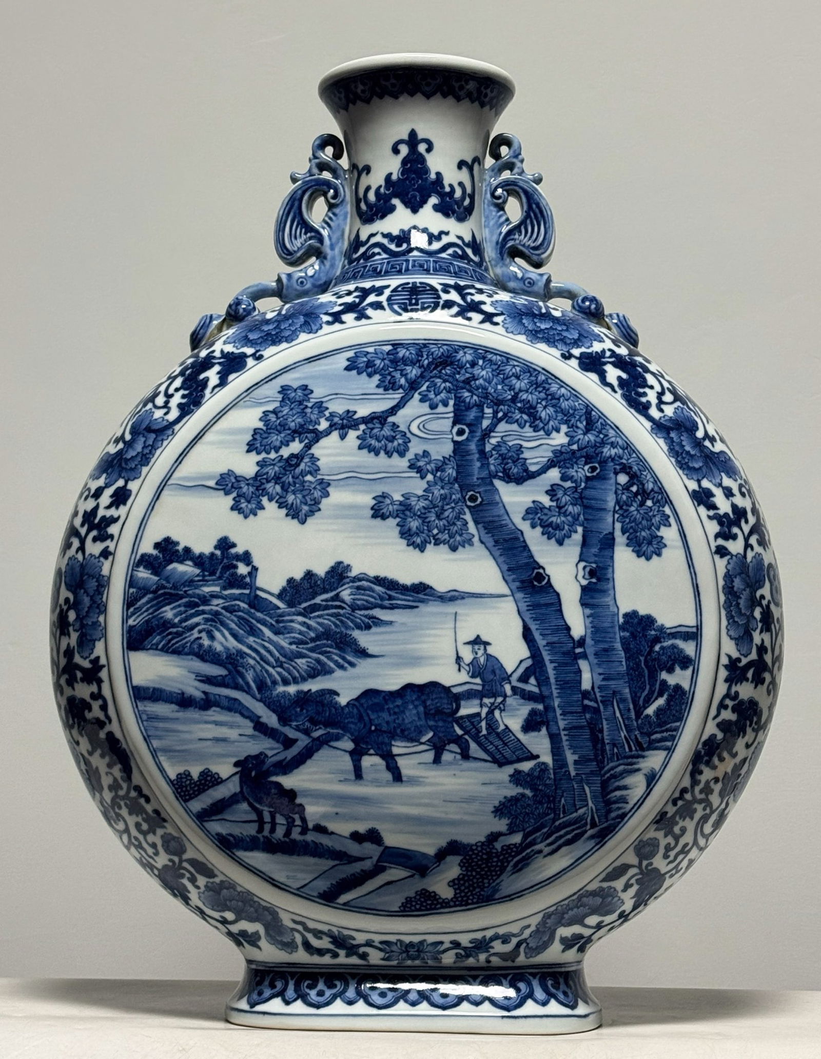 Qing Qianlong Blue and White Blessing and Longevity Moon Embracing Bottle: H:59.5cm W:45cm