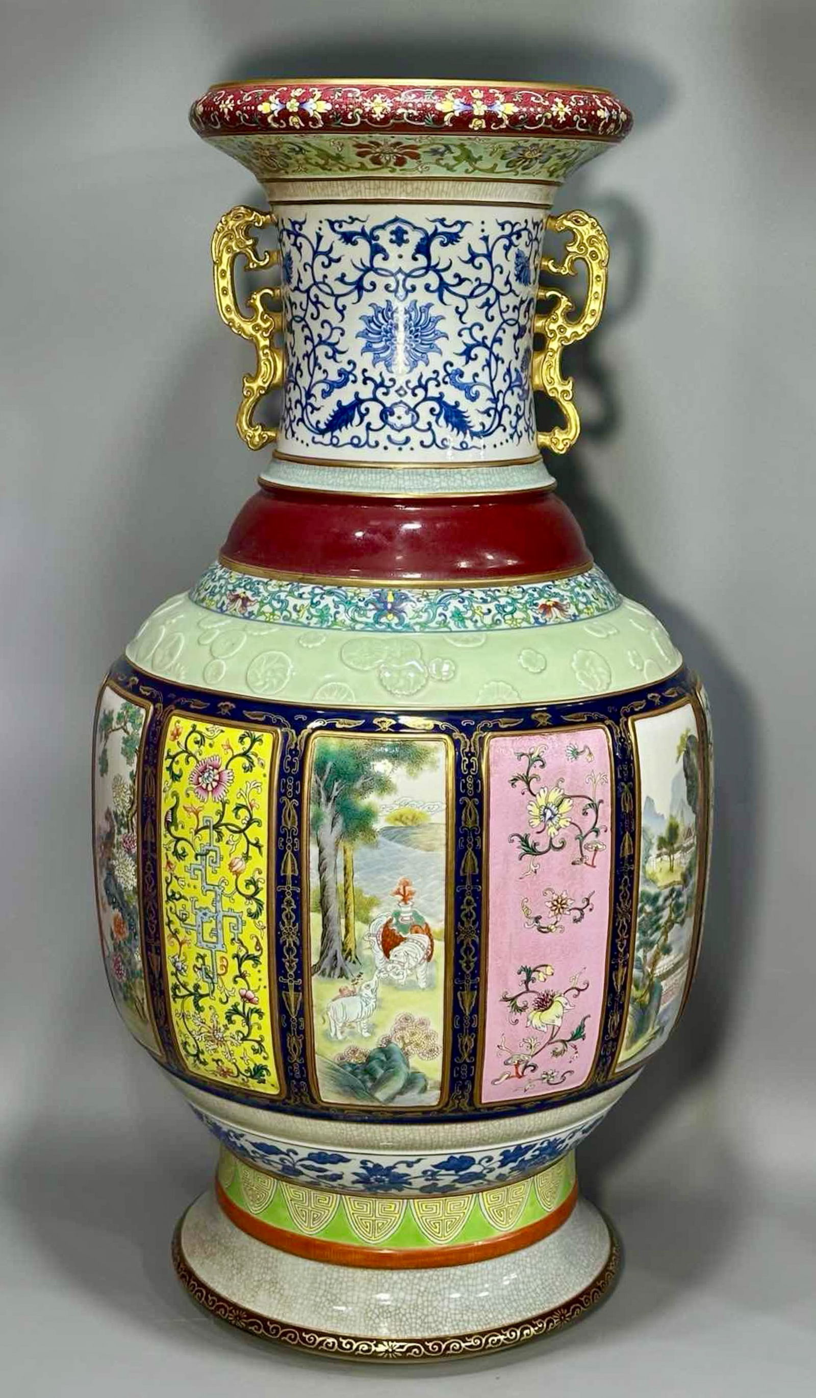 Qing Dynasty enamel pink double ear vase: H:88cm W:27cm