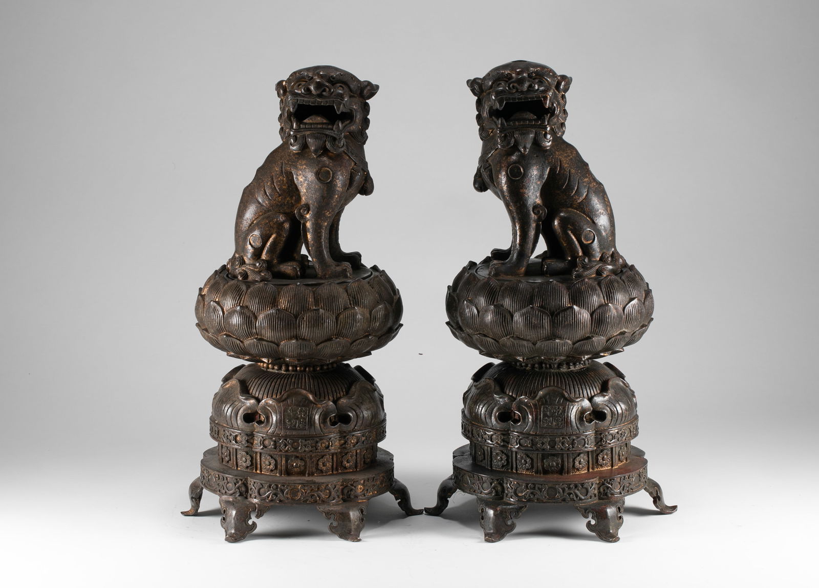 Qing Dynasty Bronze Tire Lion Aromatherapy Pair: H:36cm W:17cm