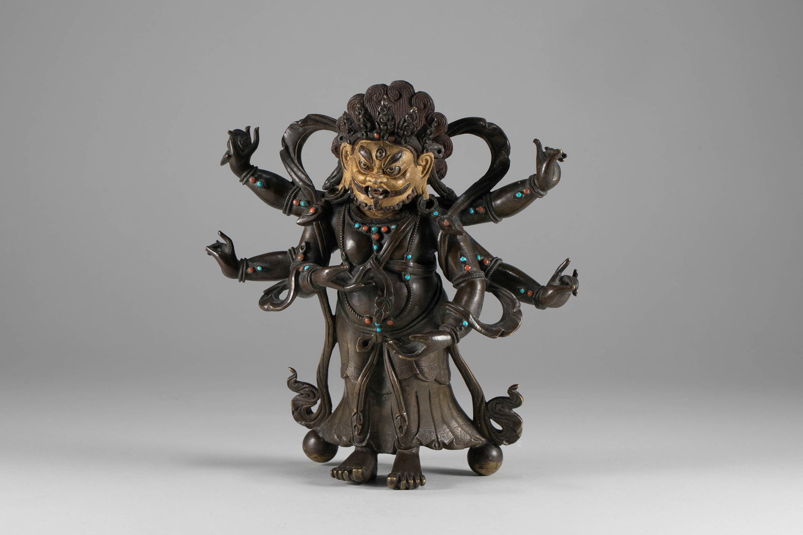 Bronze bodied six armed Maha statue from the Qing Dynasty: H:18cm W:15cm