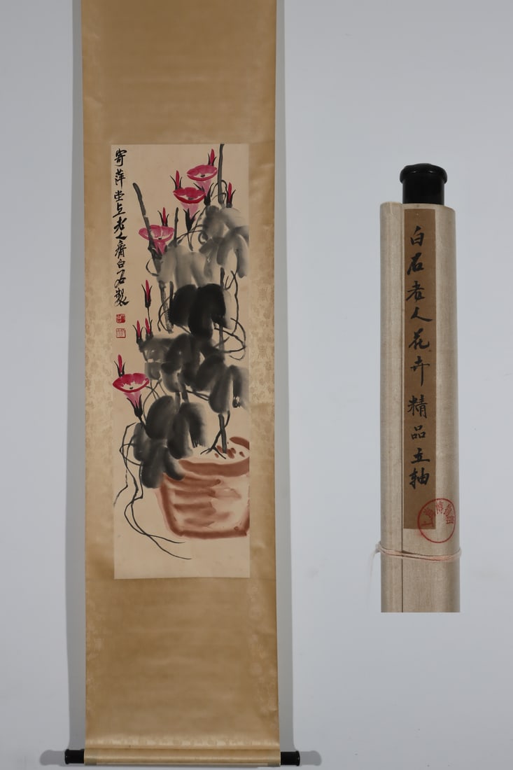 Qi Baishi's exquisite vertical scroll painting of flowers: H:104cm W:33cm
