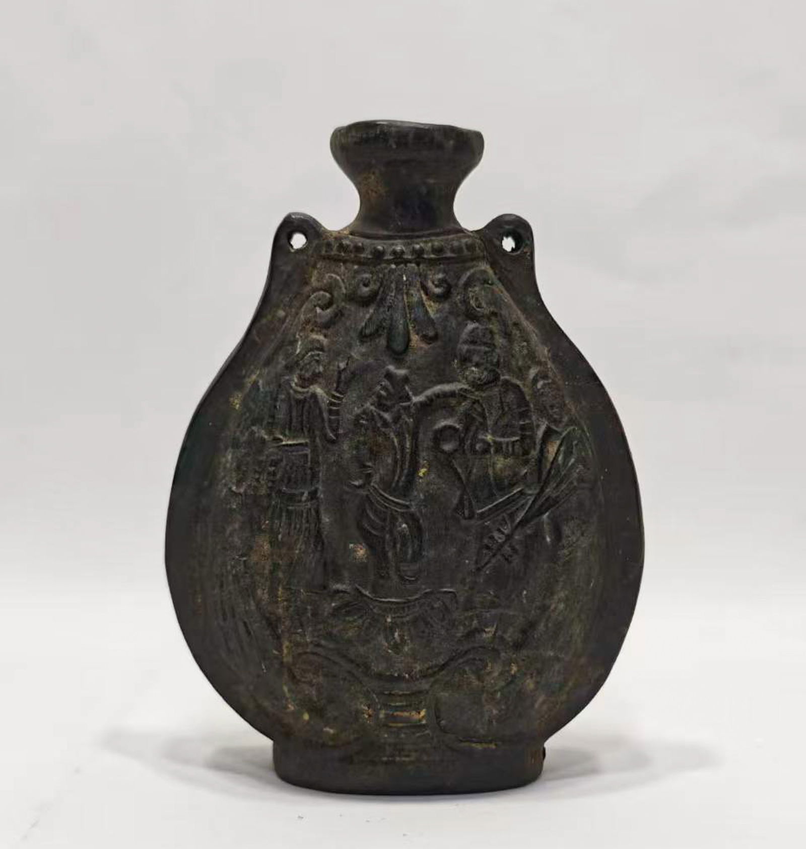 Han Dynasty pottery flat pot: H:16cm W:11.5cm