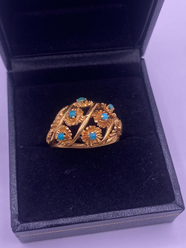 18k GOLD TURQUOISE SET RING  - 5.8 GRAMS - SIZE 6.5 - REF:020 (1 of 3)
