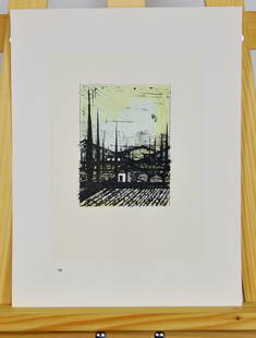 Buffet, Bernard - Lithograph.: Bernard Buffet ( (1928-1999) (after) A provencal landscape, Lithograph on vellum Acropole. From the catalogue of lithographs 1952 - 1966 (18). There is printed text on verso.