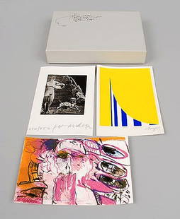 Graphic 300th anniversary of the Royal Academy of Art in The Hague: Complete serie in a box with 3 graphic works of art, designers Pat Andrea, Herbert Bayer and Kees van Bohemen, published by the Academy of Fine Arts in The Hague on the occasion of the 300th anniversa