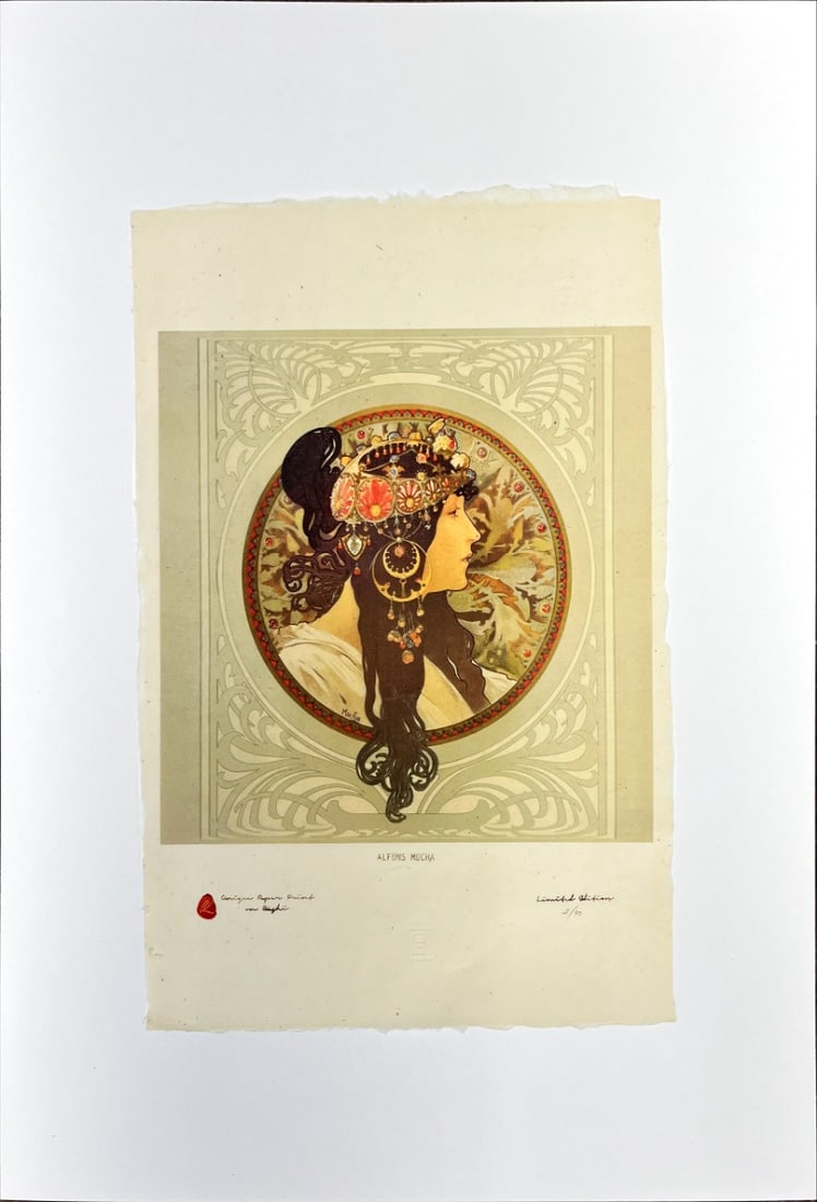 Mucha, Alphonse - Lithograph - Handnumbered: ALPHONSE MUCHA - LithographUnique edition of high-quality lithographs on unique material in the world, printed on Japanese handmade paper-Washi, is paper of the highest quality made from the bark of m