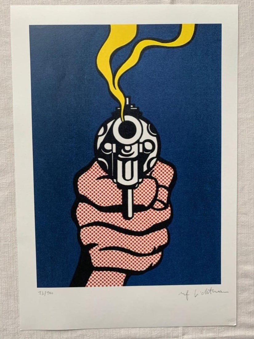 Lichtenstein, Roy, after - Hand-Signed. Silkscreen.: Title: Smoking Gun. Edition: Random/100. Handsigned and numbered in pencil. Attributed to, despite similarities to the artist's style, we have not been able to reach a conclusive attribution for this 