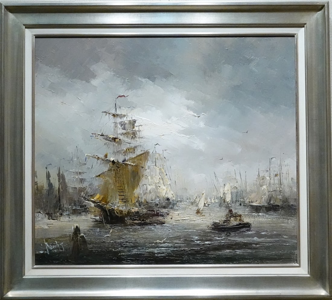 Jan Bévort - Oil Painting on canvas - Hand signed: This evocative maritime painting by Jan Camprio (J.H.H. Bévort) captures a dynamic and atmospheric river scene bustling with sailing ships. The canvas is alive with masts, sails, and rigging, stretch