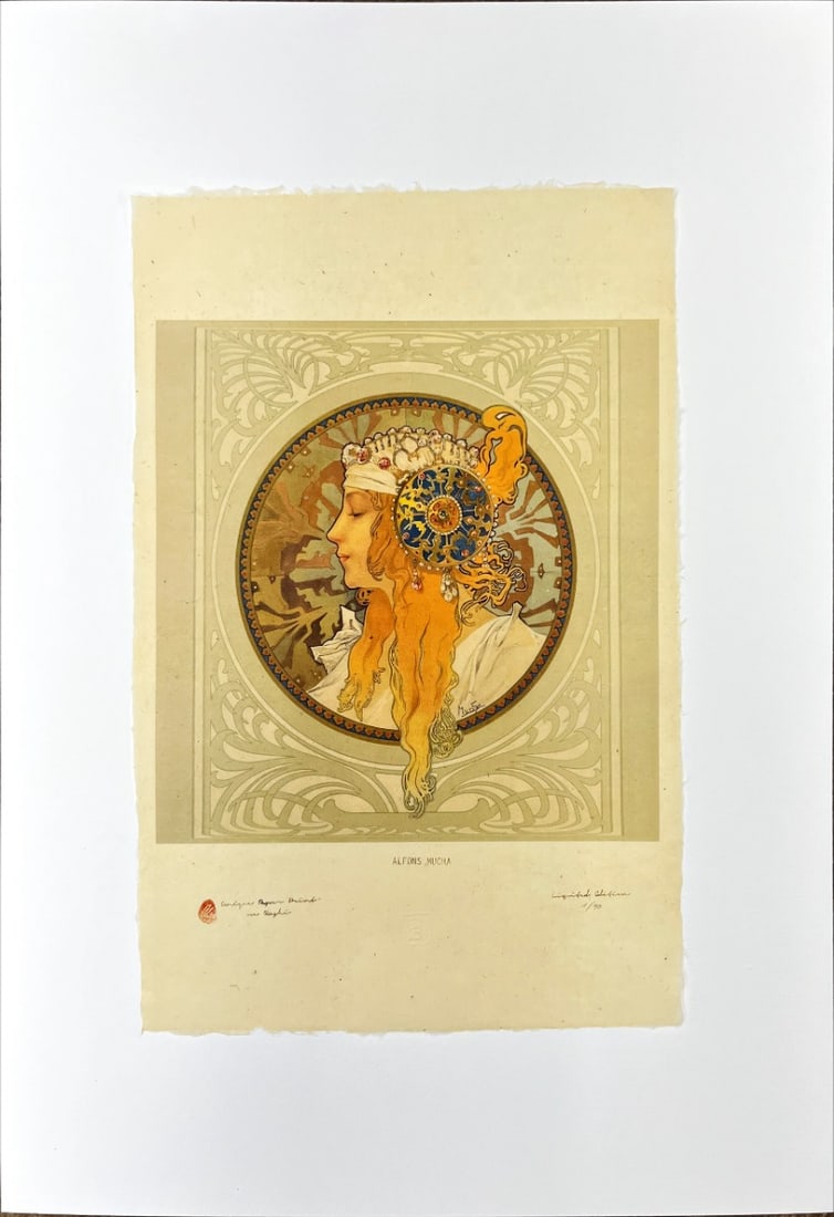 Mucha, Alphonse - Lithograph - Handnumbered: ALPHONSE MUCHA - LithographUnique edition of high-quality lithographs on unique material in the world, printed on Japanese handmade paper-Washi, is paper of the highest quality made from the bark of m