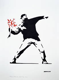 Banksy, after - Stencil / Spray.: Title: Flower Thrower Red. Banksy, after. Stencil/Spray. StreetArt. Edition: A/P (Artist Proof) Random/XX. Comes with Signed COA card of the Publisher. Signature imprimée (signed in plate). With penc