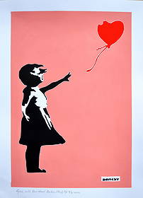 Banksy, after - Stencil / Spray.: Title: Girl with Red Heart Balloon (Pink). Banksy, after. Stencil/Spray. StreetArt. Edition: A/P (Artist Proof) Random/XX. Comes with Signed COA card of the Publisher. Signature imprimée (signed in p