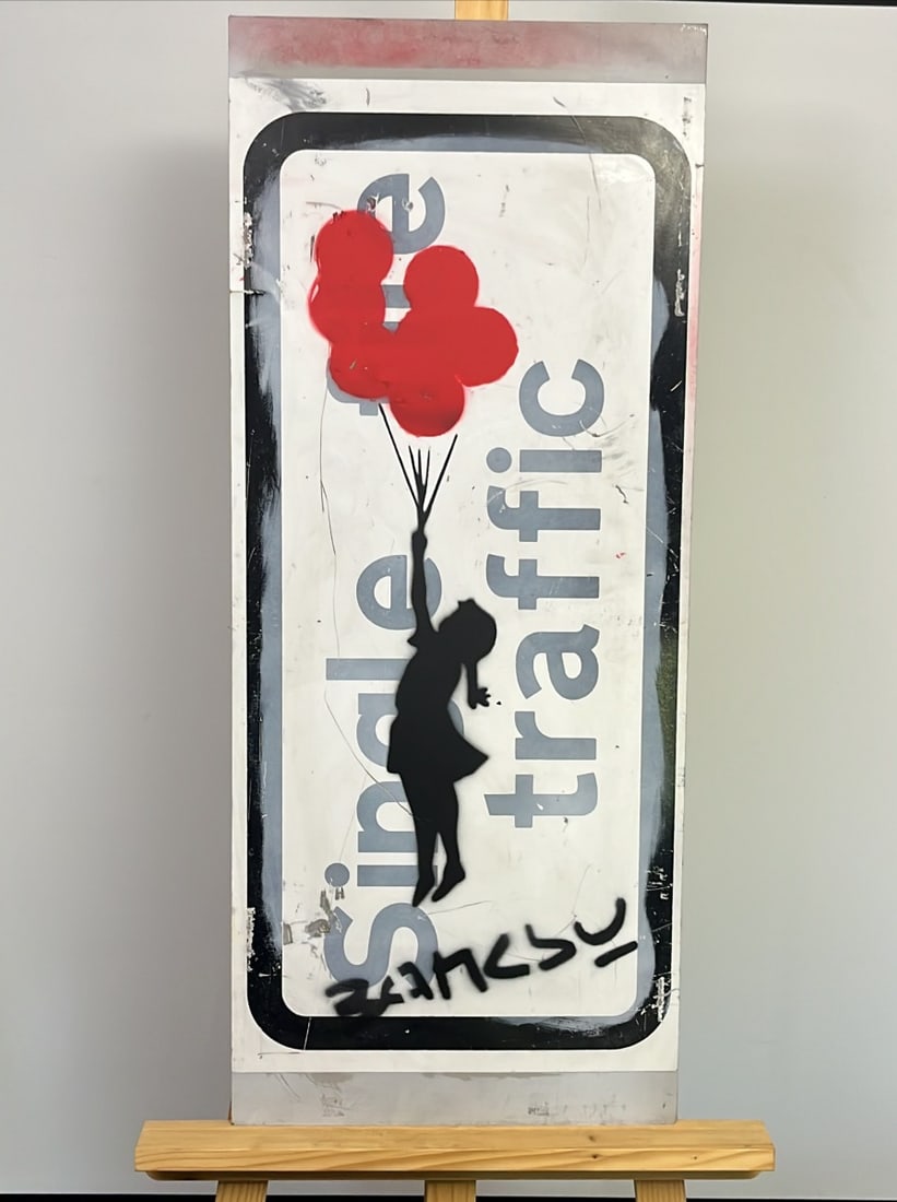 BANKSY - Stencil/Spray on Metal Old Traffic Direction Road Sign -  Dismaland WSM (1 of 3)