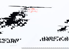 Banksy, after - Stencil / Spray.: Title: Have a Nice Day Red. Banksy, after. Stencil/Spray. StreetArt. Edition: A/P (Artist Proof) Random/XX. Comes with Signed COA card of the Publisher. Signature imprimée (signed in plate). With pen