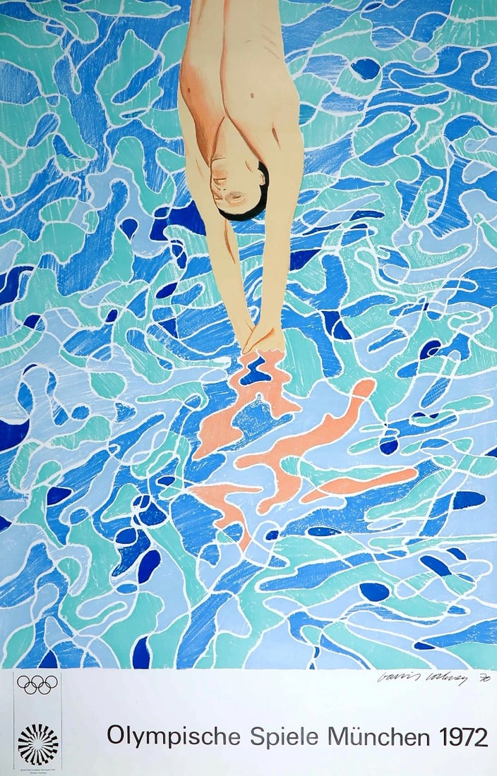 David Hockney - Poster - Olympic Games Munich 1972: Original Iconic poster by David Hockney on the occasion of the 1972 Munich Olympic Games. (No reproduction)LithographVery Rare.Signed in the plate.